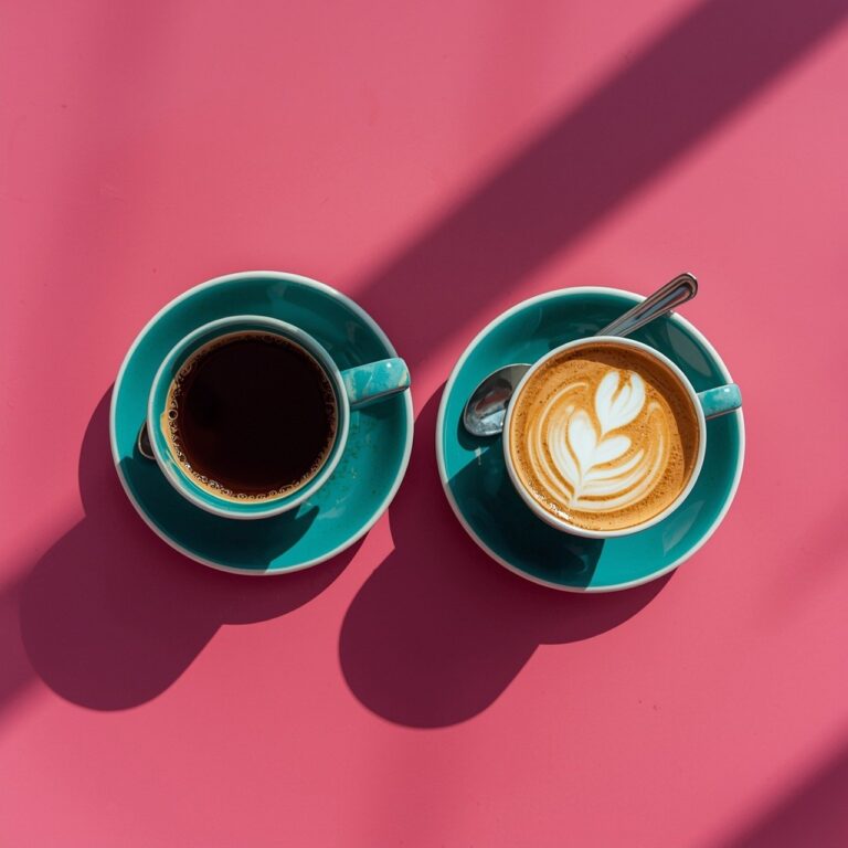 coffee, espresso, cappuccino, cup, saucer, pink background, shadows, milk foam, latte art, two cups, blue ceramic, morning, table setting, pink coffee, stylish photo, coffee cup, coffee with friends, daylight, tranquil moment, classic design